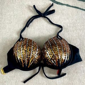 Victoria’s Secret Black Bathing Suit Push-Up Top w/ Silver and Gold Sequins 36 C